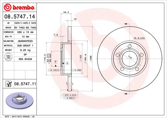 Brembo 08.5747.11 - Тормозной диск autospares.lv