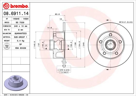 Brembo 08.6911.14 - Тормозной диск autospares.lv