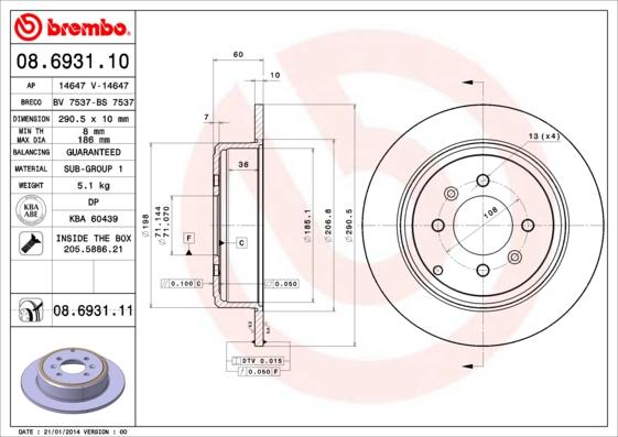 Brembo 08.6931.11 - Тормозной диск autospares.lv