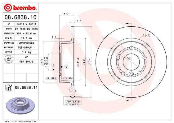 Brembo 08.6838.10 - Тормозной диск autospares.lv