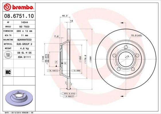 Brembo 08.6751.10 - Тормозной диск autospares.lv