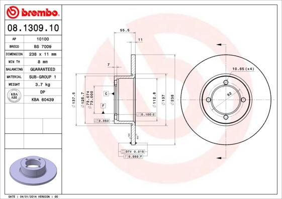 Brembo 08.1309.10 - Тормозной диск autospares.lv
