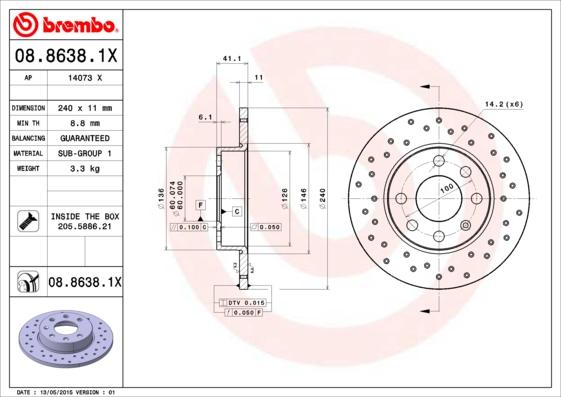 Brembo 08.8638.1X - Тормозной диск autospares.lv