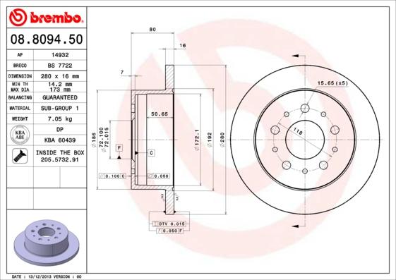 Brembo 08.8094.50 - Тормозной диск autospares.lv