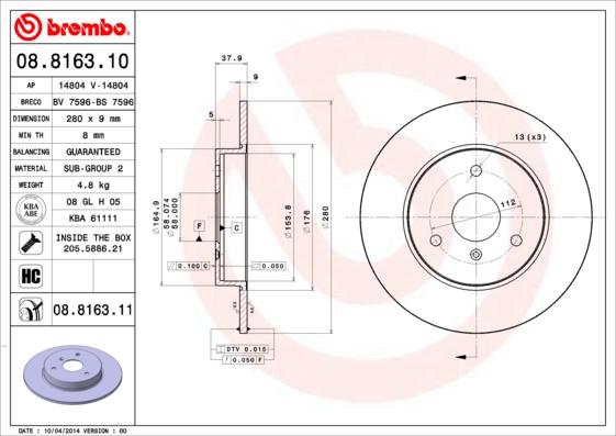 Brembo 08.8163.11 - Тормозной диск autospares.lv