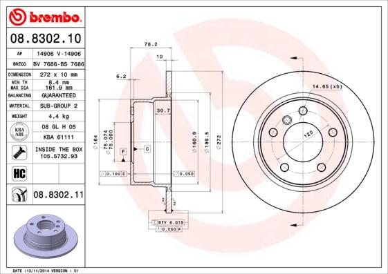 Brembo 08.8302.10 - Тормозной диск autospares.lv