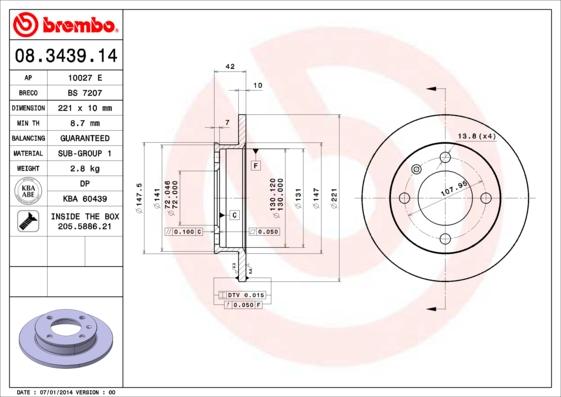 Brembo 08.3439.14 - Тормозной диск autospares.lv