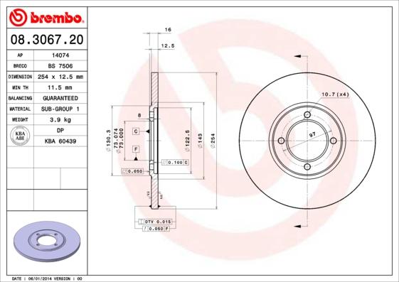 Brembo 08.3067.20 - Тормозной диск autospares.lv