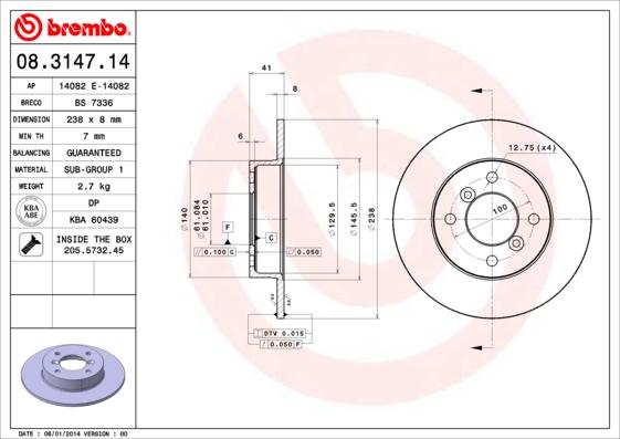 Brembo 08.3147.14 - Тормозной диск autospares.lv