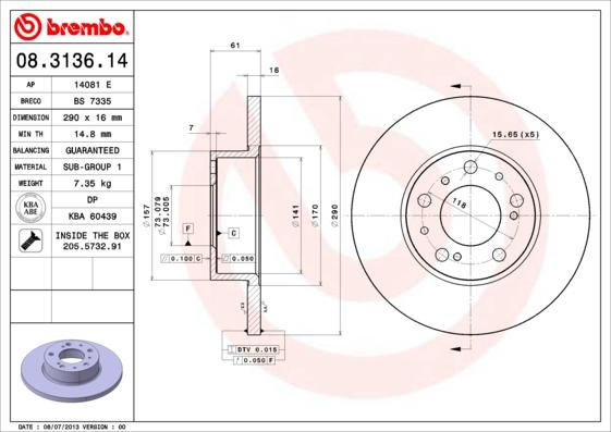 Brembo 08.3136.14 - Тормозной диск autospares.lv