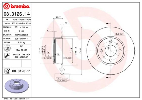 Brembo 08.3126.11 - Тормозной диск autospares.lv
