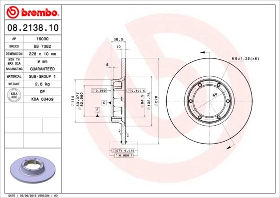 Brembo 08.2138.10 - Тормозной диск autospares.lv