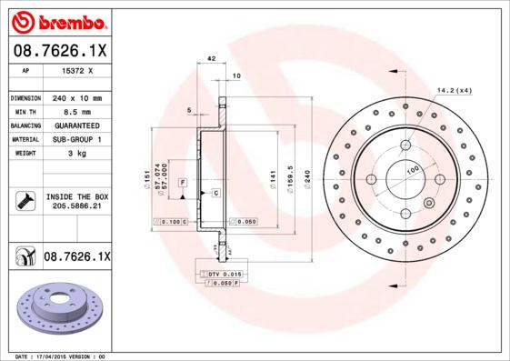 Brembo 08.7626.1X - Тормозной диск autospares.lv