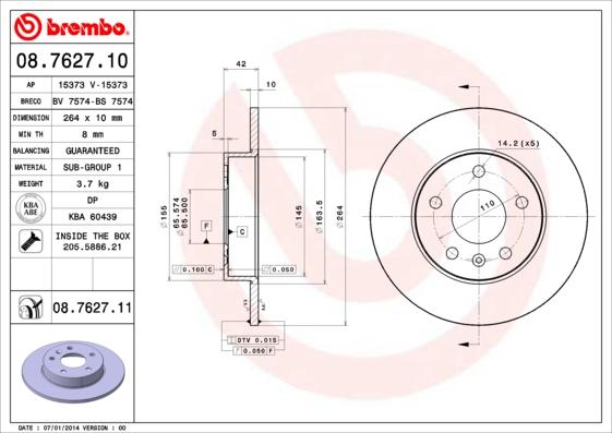 Brembo 08.7627.11 - Тормозной диск autospares.lv