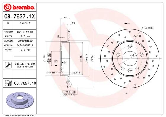 Brembo 08.7627.1X - Тормозной диск autospares.lv