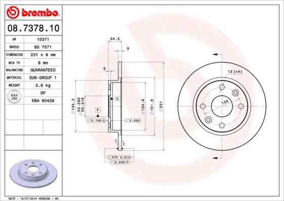 Brembo 08.7378.10 - Тормозной диск autospares.lv