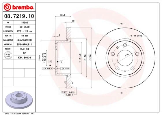 Brembo 08.7219.10 - Тормозной диск autospares.lv