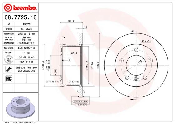Brembo 08.7725.10 - Тормозной диск autospares.lv