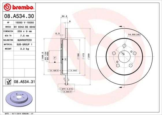 Brembo 08.A534.31 - Тормозной диск autospares.lv