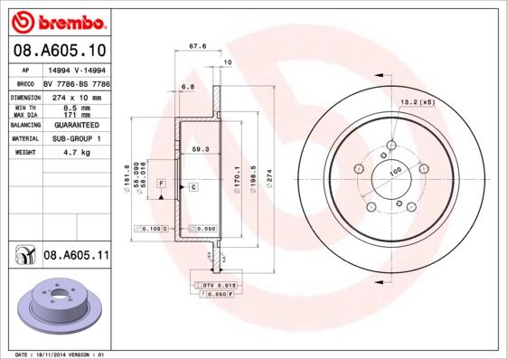 Brembo 08.A605.11 - Тормозной диск autospares.lv