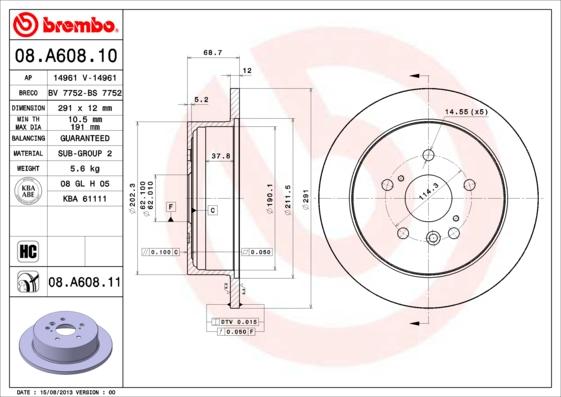Brembo 08.A608.10 - Тормозной диск autospares.lv