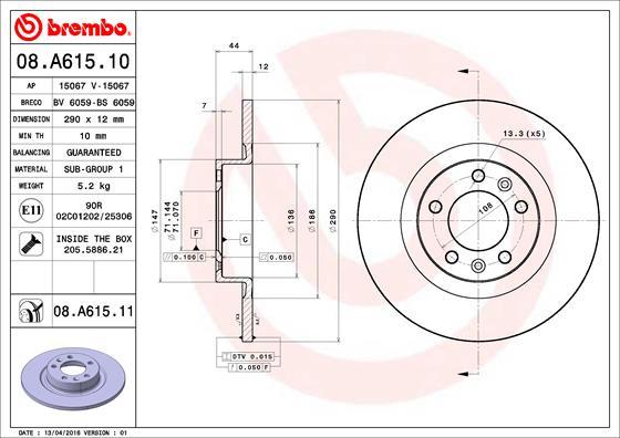Brembo 08.A615.11 - Тормозной диск autospares.lv