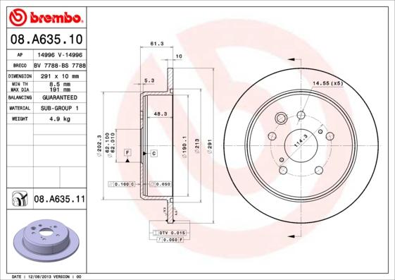 Brembo 08.A635.11 - Тормозной диск autospares.lv