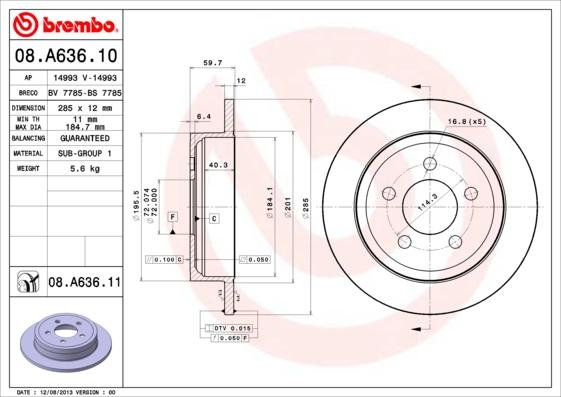 Brembo 08.A636.10 - Тормозной диск autospares.lv
