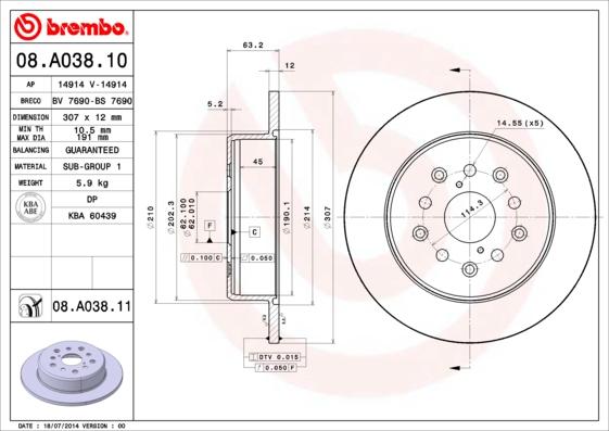 Brembo 08.A038.10 - Тормозной диск autospares.lv
