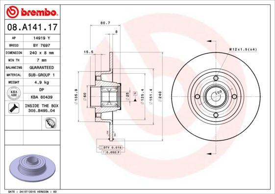 Brembo 08.A141.17 - Тормозной диск autospares.lv