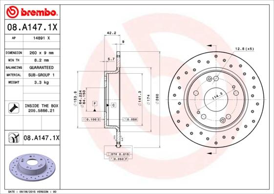 Brembo 08.A147.1X - Тормозной диск autospares.lv