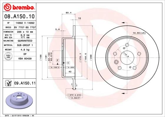 Brembo 08.A150.11 - Тормозной диск autospares.lv