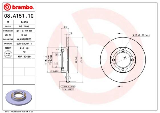Brembo 08.A151.10 - Тормозной диск autospares.lv