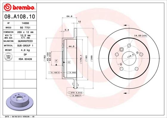 Brembo 08.A108.10 - Тормозной диск autospares.lv