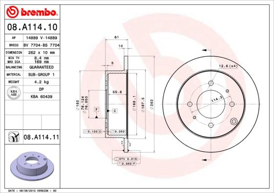 Brembo 08.A114.11 - Тормозной диск autospares.lv