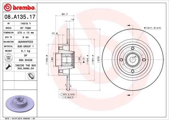 Brembo 08.A135.17 - Тормозной диск autospares.lv
