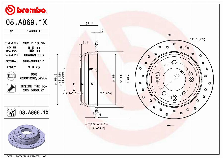 Brembo 08.A869.1X - Тормозной диск autospares.lv