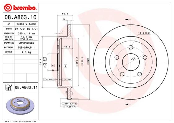Brembo 08.A863.11 - Тормозной диск autospares.lv