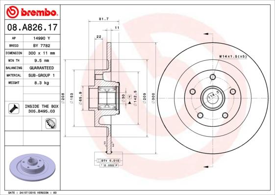 Brembo 08.A826.17 - Тормозной диск autospares.lv