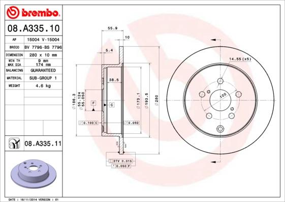 Brembo 08.A335.10 - Тормозной диск autospares.lv