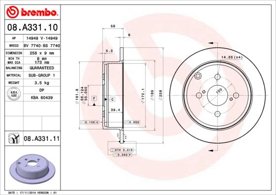 Brembo 08.A331.10 - Тормозной диск autospares.lv