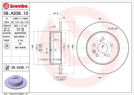 Brembo 08.A338.10 - Тормозной диск autospares.lv