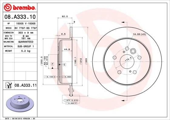 Brembo 08.A333.10 - Тормозной диск autospares.lv