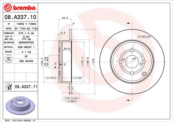 Brembo 08.A337.11 - Тормозной диск autospares.lv