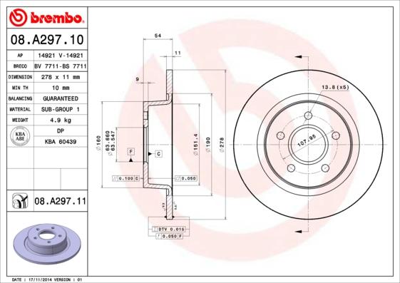 Brembo 08.A297.11 - Тормозной диск autospares.lv