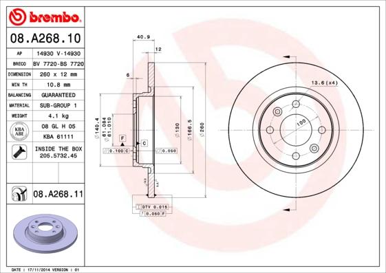 Brembo 08.A268.10 - Тормозной диск autospares.lv