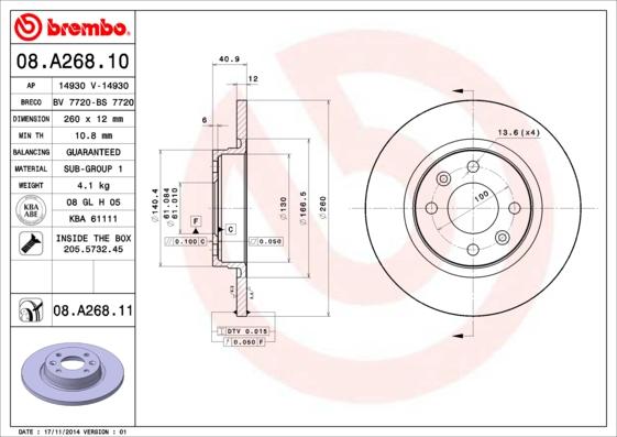 Brembo 08.A268.11 - Тормозной диск autospares.lv