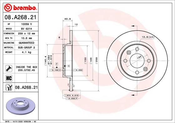 Brembo 08.A268.21 - Тормозной диск autospares.lv