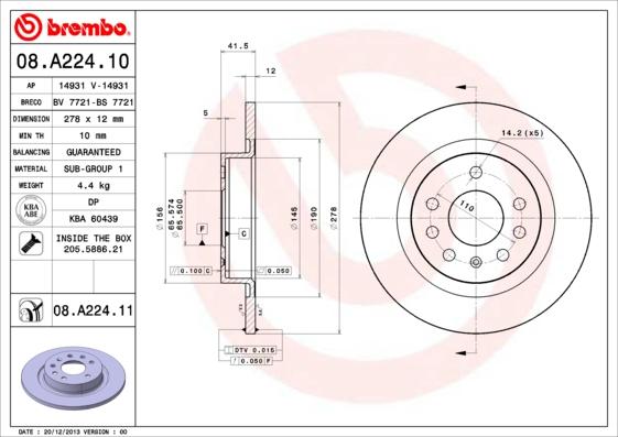 Brembo 08.A224.10 - Тормозной диск autospares.lv