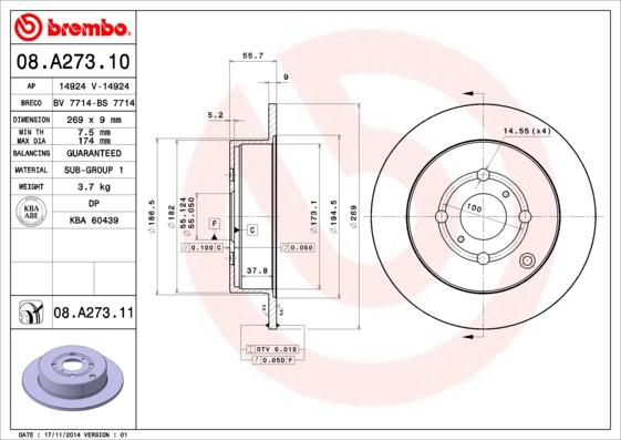 Brembo 08.A273.11 - Тормозной диск autospares.lv